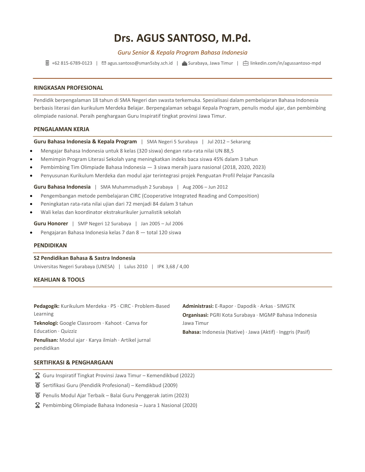 template cv guru indonesia profesional gratis